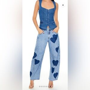Blue Heart Patterned Barrel Jeans